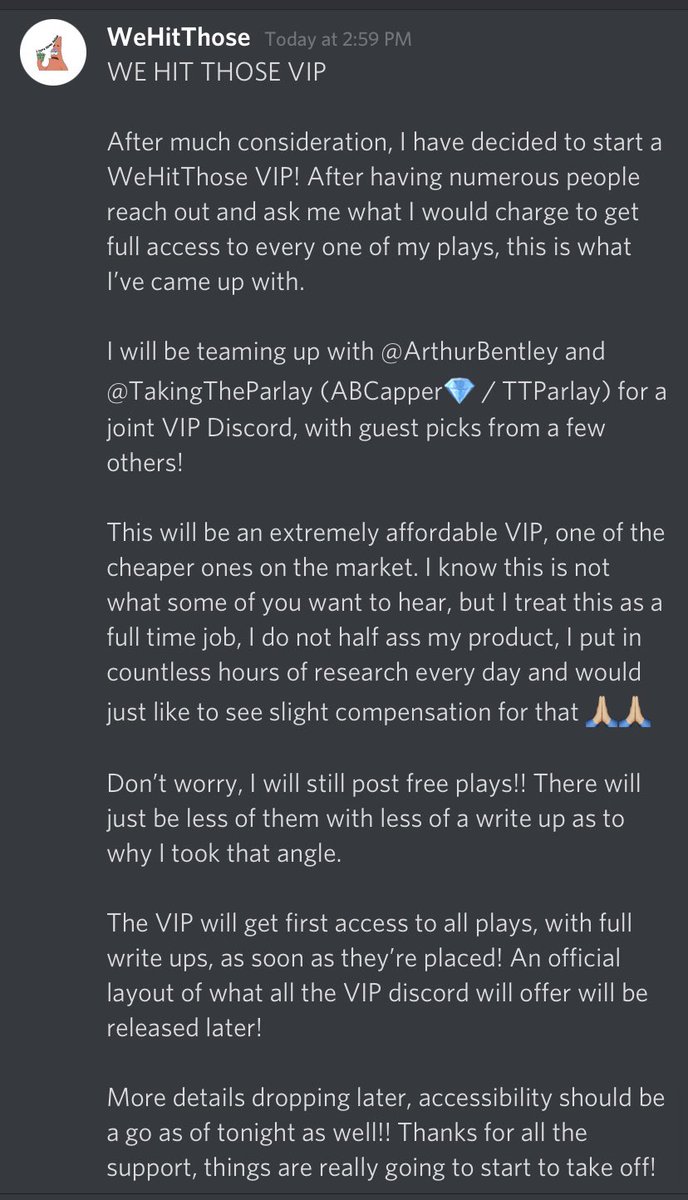 WeHitThose__9's tweet photo. 🚨ANNOUNCEMENT🚨

I’m teaming up with @ArthurBentIey &amp; @TakingTheParlay to start a joint VIP Discord!!

Super blessed for this opportunity and couldn’t have done it without all of you!!

Free Year Pass to 3 people who RETWEET this, winners selected later 2nite!!

#GamblingTwitter https://t.co/SRfQ3mjHmB