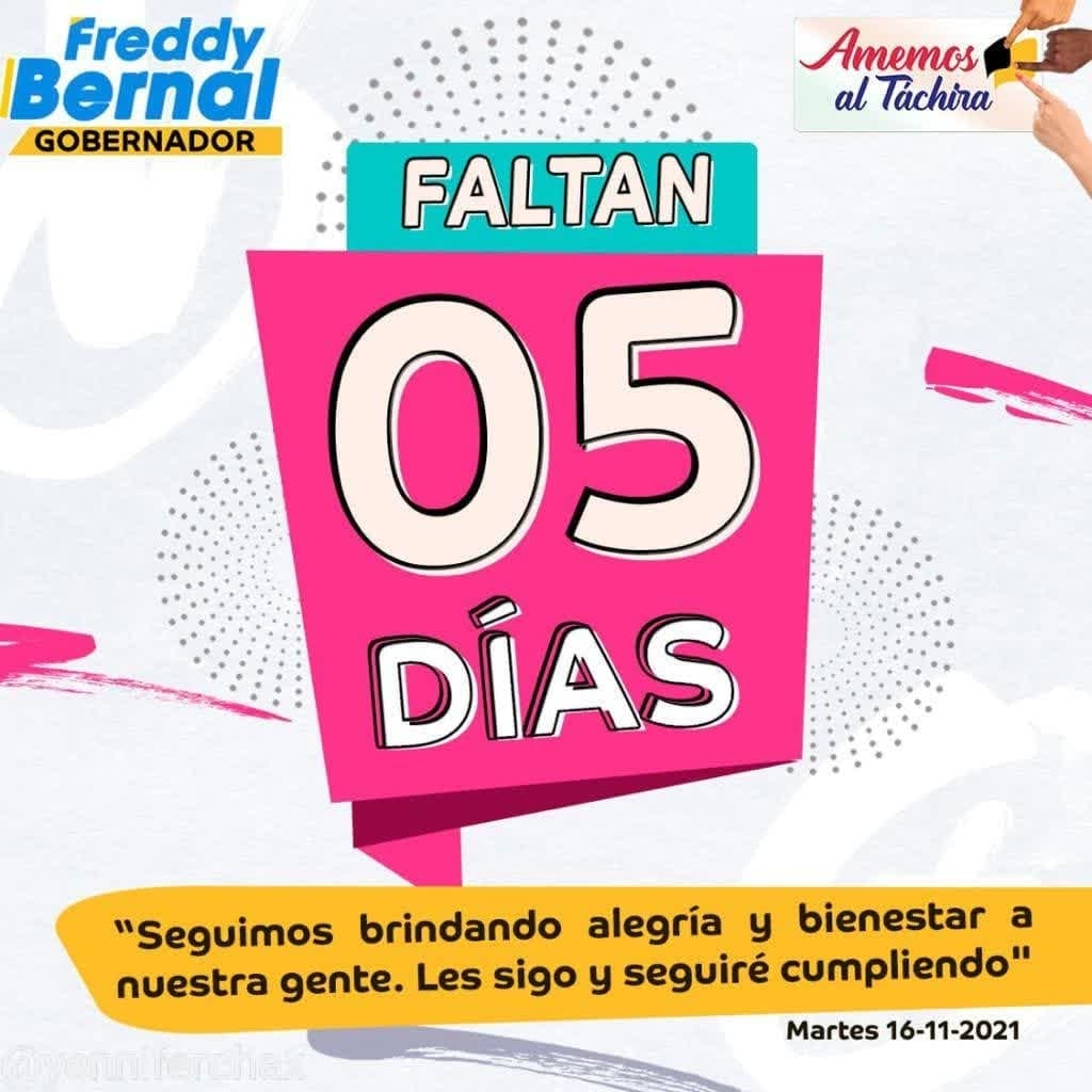 #Atención #Táchira recta final a solo 5 días de la gran victoria perfecta de este #21Nov nuestro próximo gobernador <a href="/FreddyBernal/">Freddy Bernal</a> sigue enfocado en brindar alegría y bienestar a todo el pueblo Tachirense.
#AmemosAlTáchira💛🖤❤️
#BernalGobernador