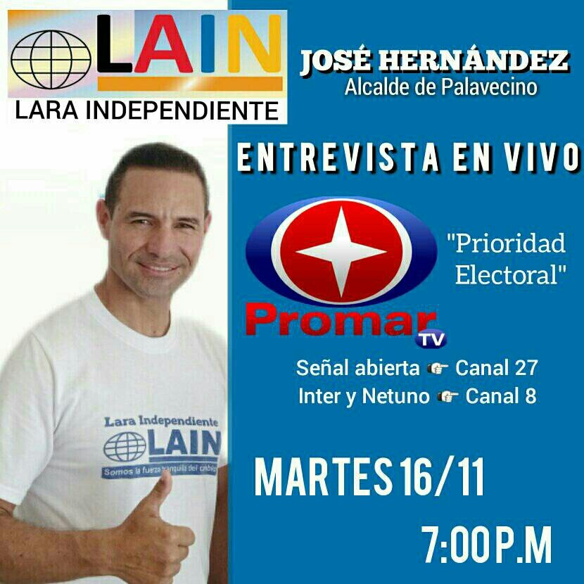 SINTONIZA HOY 💥

No te pierdas la entrevista a nuestro futuro alcalde de Palavecino, José Hernández <a href="/jghernandezvzla/">José Gregorio Hernández</a>

#Somoslafuerzatranquiladelcambio #VotaLAIN #HagamosFuerteAPalavecino #UnidosParaTransformar