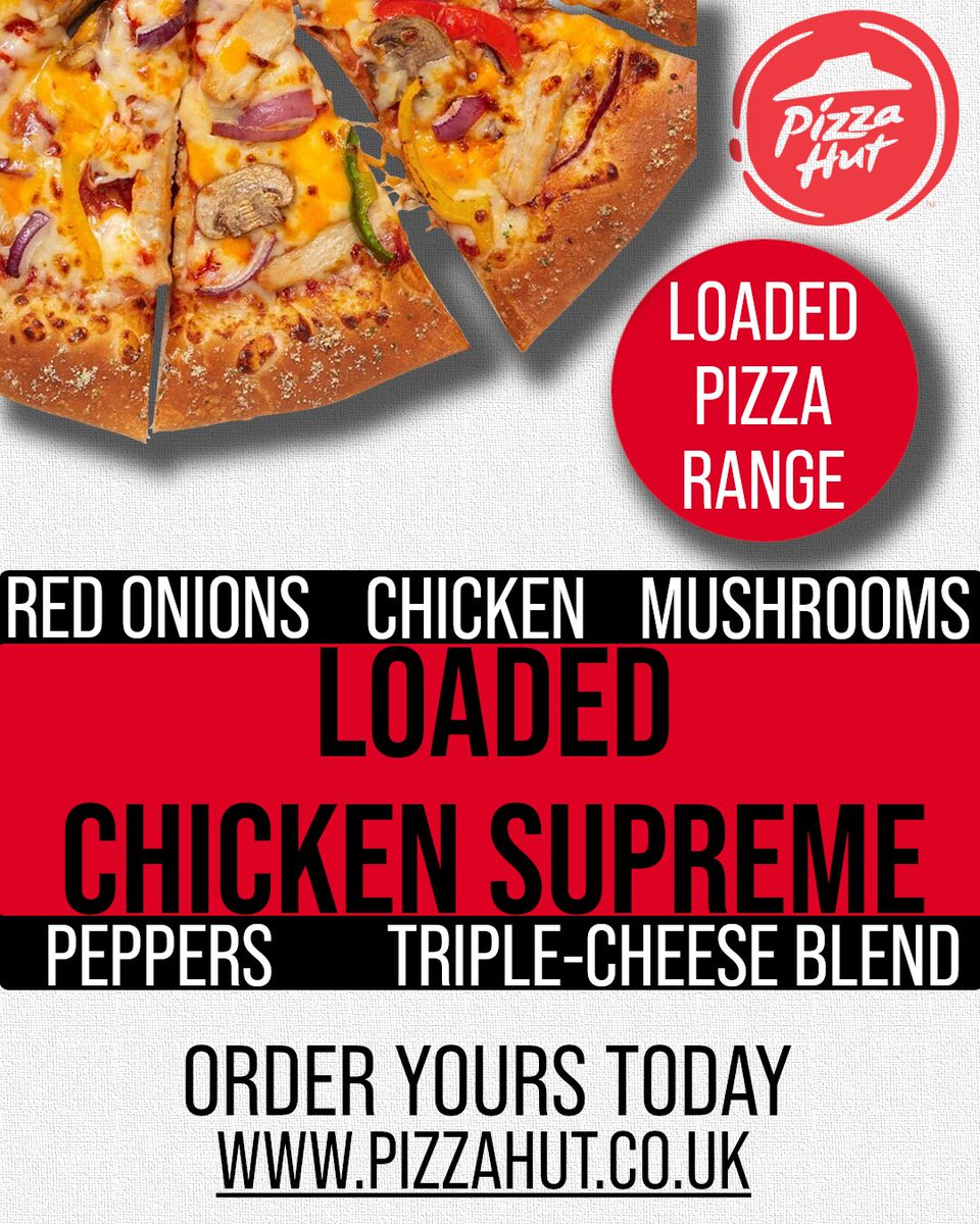 Check out tonight's amazing dinner recommendation from Pizza Hut 👀👀

The Loaded Chicken Supreme 🍗🍕

A Pizza Hut classic served with extra toppings and triple-cheese blend.

Order online at: pizzahut.co.uk

#pizzahut #chicken #supreme #neath #porttalbot #loadedpizza
