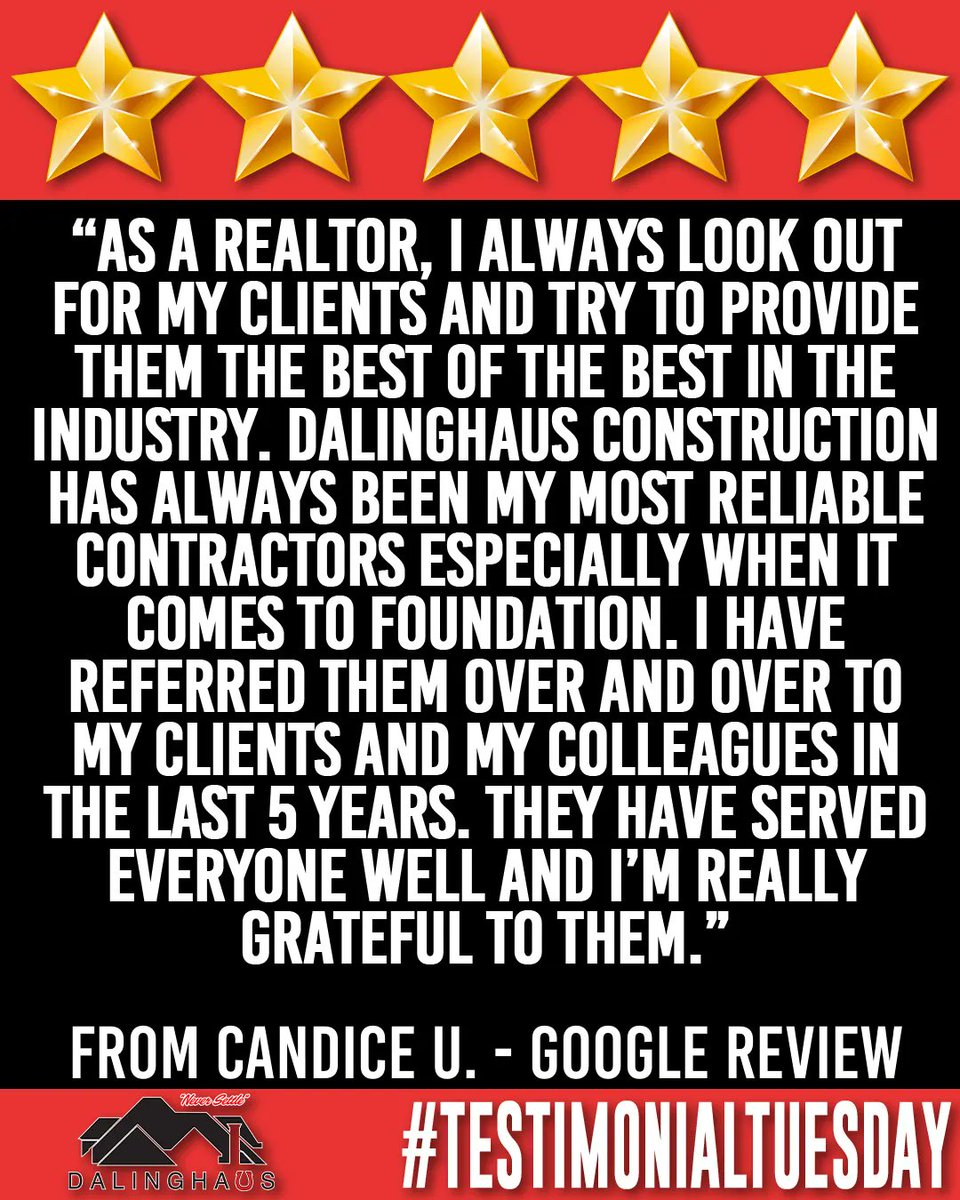 DalinghausConst's tweet photo. It's #TestimonialTuesday and we've got another awesome review from a Los Angeles County realtor.  Whether a home is on the market, in escrow, or has been owned for 30+ years... we're happy to come out and perform a foundation evaluation!

#WeFixFoundations #NeverSettle https://t.co/enZ2q6UgRj