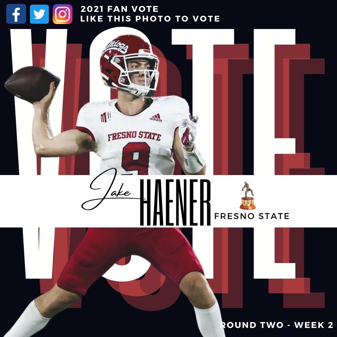 daveyobrien's tweet photo. Last chance – Last week to vote! Get in the game, and help your QB receive ✨BONUS ✨Selection Committee votes.

Vote for @jakehaener10 of @FresnoStateFB to be a finalist for the Davey O’Brien Award by liking this post. #DaveyQBs @FSAthletics https://t.co/uY44DKVnfq
