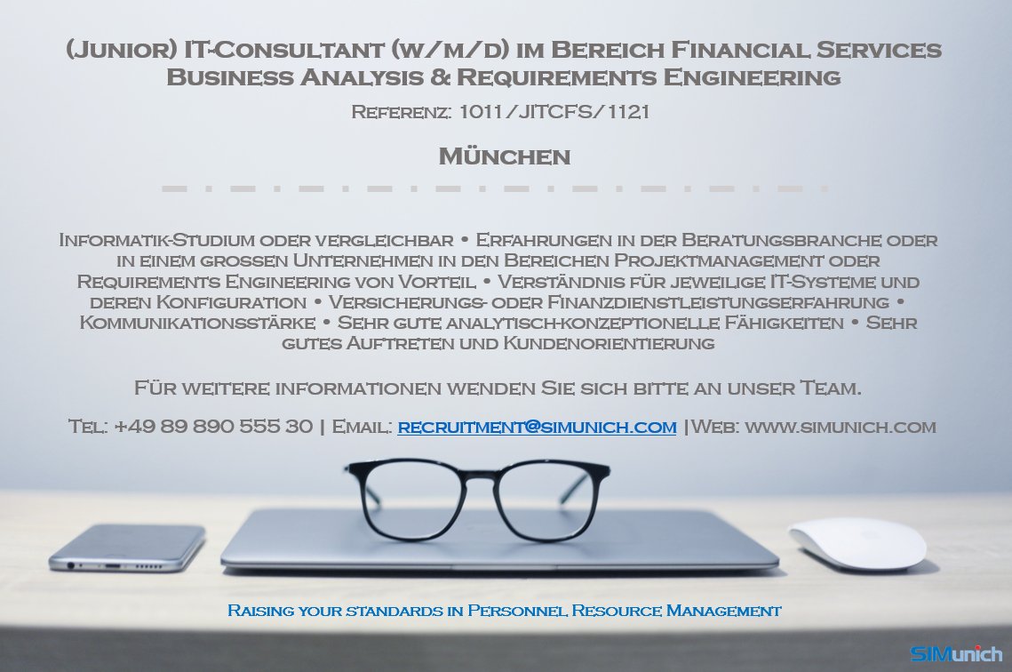 Unser Kunde sucht ein (Junior) IT-Consultant (w/m/d) im Bereich Financial Services Business Analysis &amp; Requirements Engineering für Standort München. Vollständige Informationen auf unserer Website: simunich.com/job/junior-it-… - #JuniorConsultant #FinancialServices #Muenchen #SIMunich