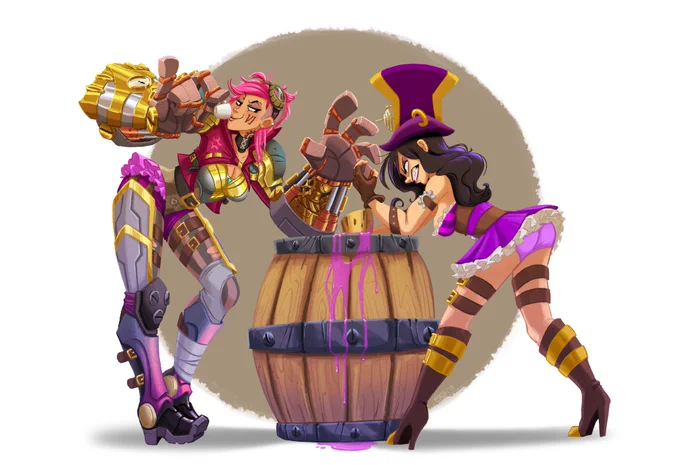 An old illo of Vi &amp; Caitlyn I did for Riot a while back, and some quick sketches of silly alt ideas that built up to it. I've been loving these latest eps of #Arcane! 