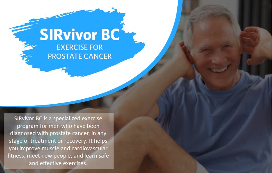 Check out upcoming #SIRvivorBC exercise programs for men with prostate cancer, brought to you by <a href="/CEPL_UBC/">Cancer Exercise & Physiotherapy Lab</a> and <a href="/PCSC_Program/">PCSC</a> and delivered at @BCRPA community centres and virtually! bit.ly/3eK58W6 #PCSC #BCRPA #prostatecancer #prostatecancerawareness