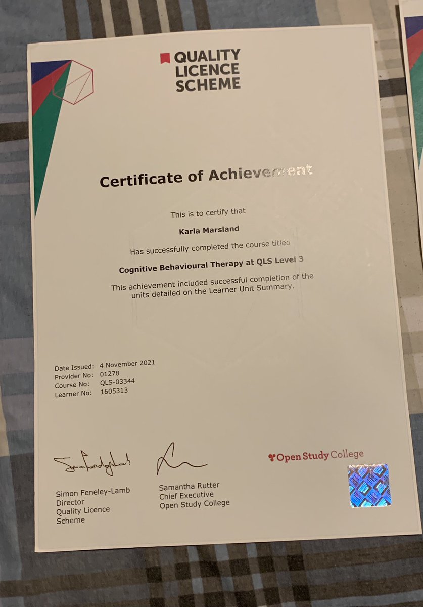 KarlaAshleyDeeM's tweet photo. I did it 🤗 I got my Cognitive Behavioural Therapy Level 3 qualification! I’m honestly so proud of how far I’ve come & what I’ve achieved so far in my 23 years!👊🏼
#proud #achieve #cbt #cbtcommunity #happy #certificate #NextLevel #level3 #workhardplayhard https://t.co/oBpODNItxy