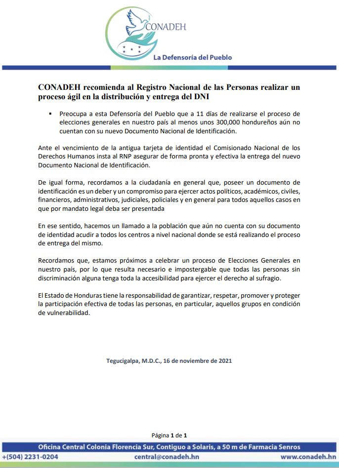 CONADEH's tweet image. Preocupa al #CONADEH que a 11 días de realizarse el proceso de elecciones generales en nuestro país al menos 300,000 hondureños aún no cuentan con el #DNI