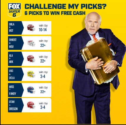 After Terry's 💰💰
BOOM! These are my picks I just made on @foxsuper6 ! Can you beat me for a chance to win free cash? foxsuper6.onelink.me/y0bF/e46a6e6b