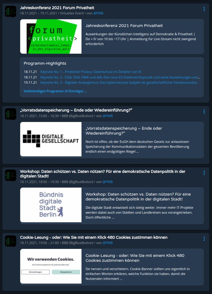 Donnerstag 18.11. gibt es mehrere Events im Rahmen der #PWB21 von @ForumPrivatheit <a href="/digiges/">Digitale Gesellschaft</a> <a href="/digitalesberlin/">Bündnis digitale Stadt</a> <a href="/AktionstageNetz/">Bundesweite Aktionstage Netzpolitik & Demokratie</a> zu den Themen #Privatheit #VDS #DatenGovernance + #Cookies
calendify.com/@PWB/PwbEvents