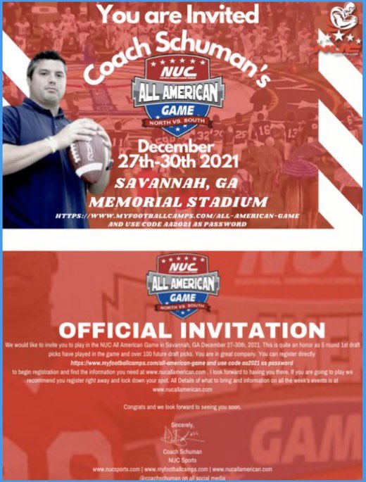 Thank you <a href="/CoachSchuman/">Coach Schuman</a> for the invitation ! I am extremely grateful for the opportunity to compete in the NUC All American Game December ! 🙌🏽💪🏾 @GHSHILLERSFOOT1 <a href="/SDFNLMagazine/">#SDFNL25</a>