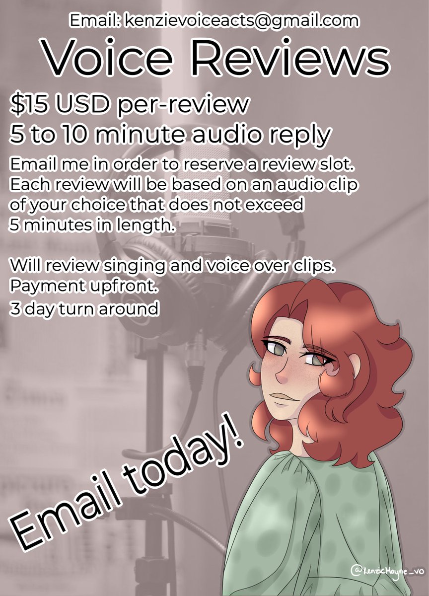 KenzieMayne_VO's tweet photo. I am opening voice reviews!
Email me kenzievoiceacts@gmail.com in order to book your slot today.
#vocalcoach #voicereview #voiceover #review #voiceservice https://t.co/6exGZAAJoM