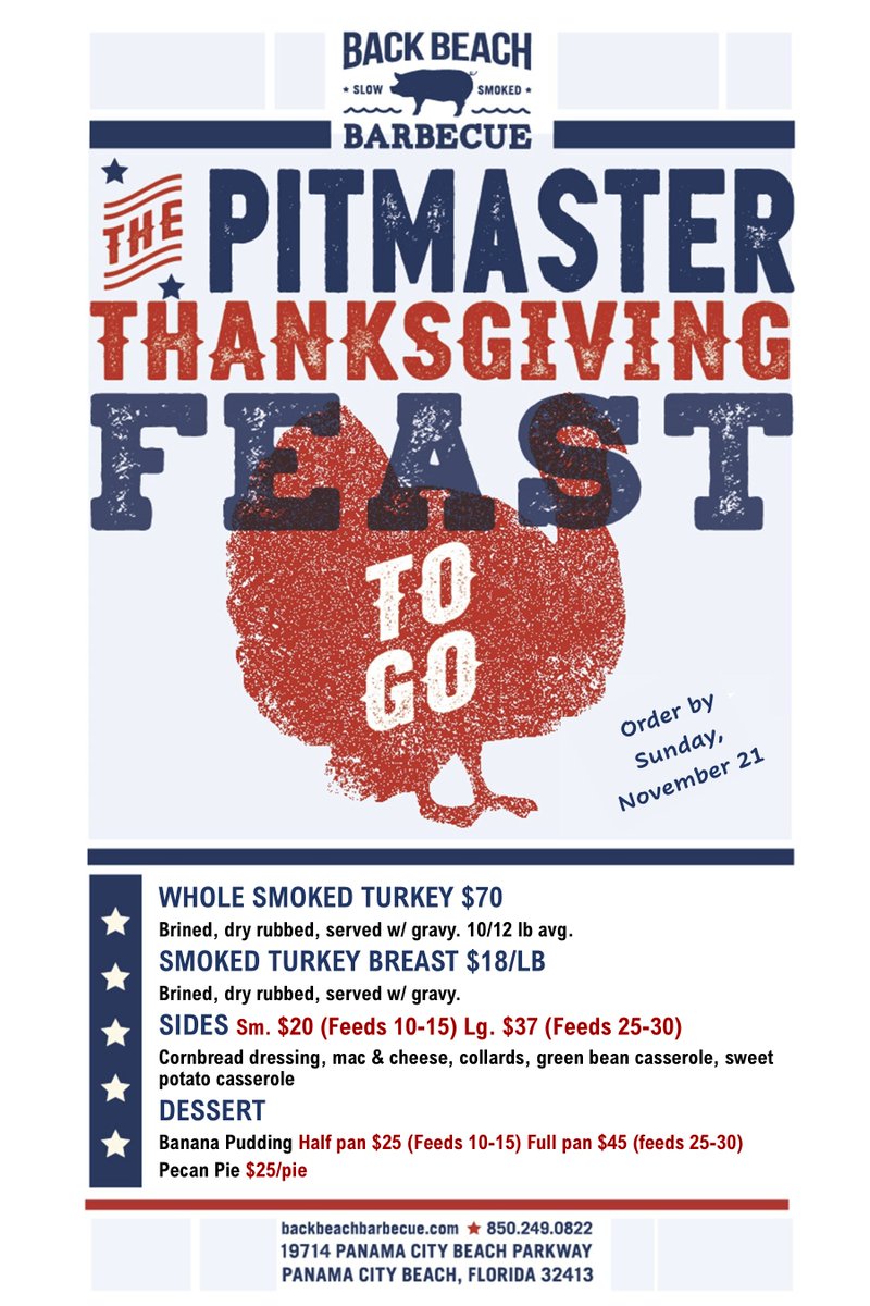 ProffittPR's tweet image. Forget the cooking this year - @backbeachbbq is offering a limited number of Pitmaster Thanksgiving Feasts to-go! 🦃All orders must be placed by Sunday, November 21, 2021. To place an order for delivery or pickup, call Back Beach Barbecue at (850) 249-0822.