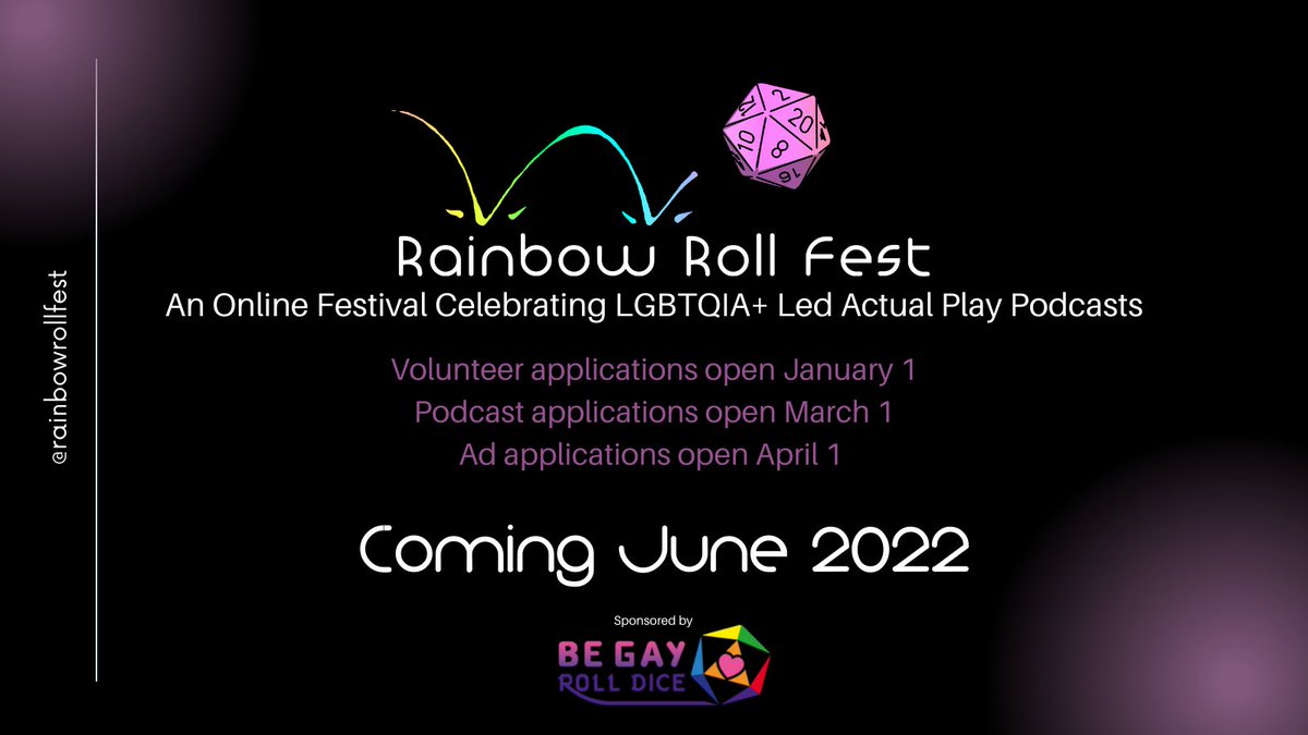 What is @rainbowrollfest? It's a new online podcast festival brought to you by <a href="/BEGAYROLLDICE/">BE GAY ROLL DICE</a> celebrating the LGBTQIA+ actual play community! Stay tuned for more info soon!