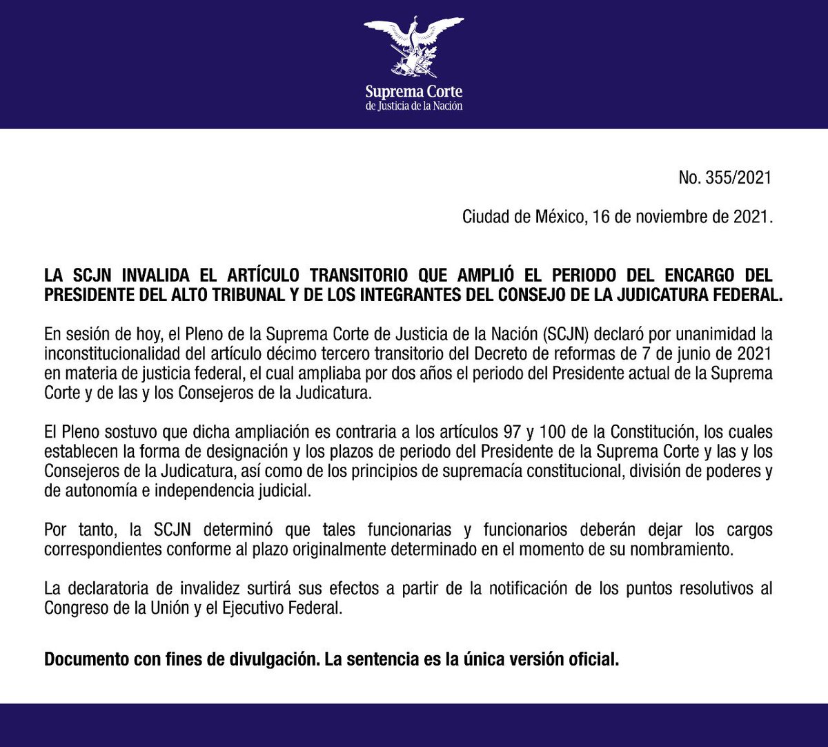 SCJN's tweet photo. El Pleno de la #SCJN declaró por unanimidad de votos, la inconstitucionalidad del artículo 13 transitorio del Decreto de reformas en materia de justicia federal que ampliaba el plazo de los cargos del Presidente actual de la SCJN y de las y los Consejeros de la Judicatura. https://t.co/hNYF4ecbYS