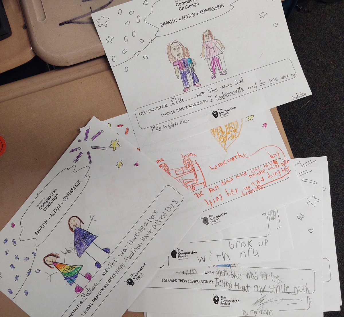 1moorekimberly's tweet image. We learned about empathy and compassion with @EVERFIK12 I love how my students care about each other. These samples are precious! #CompassionChallenge #SeeCareDo