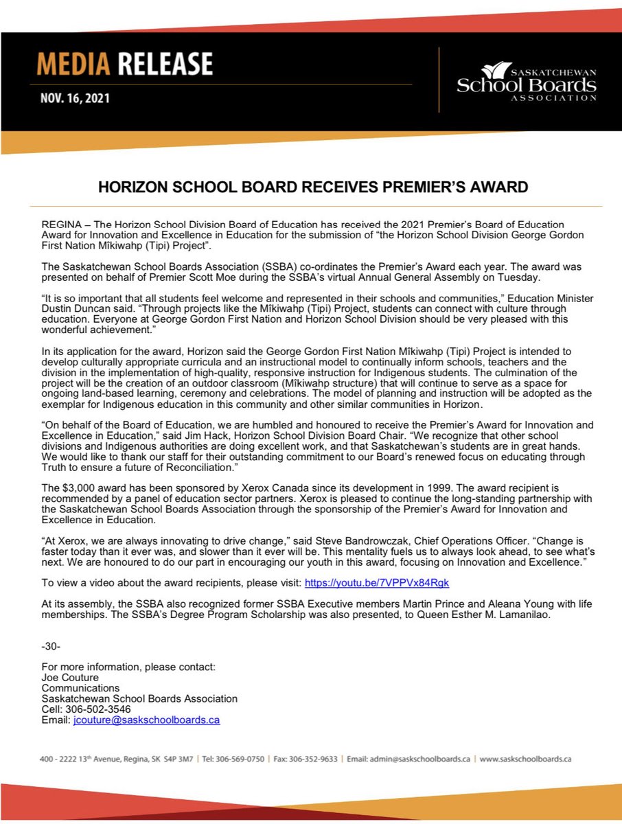 KevinGaringer's tweet photo. Congrats to ⁦@horizonsd205⁩ Board on winning the Premier’s Award for Innovation &amp; Excellence in Education for our Mikiwahp (Tipi) Project! Thank you to ⁦@PremierScottMoe⁩ and ⁦@SaskSchoolBoard⁩ for this prestigious and humbling award. And to staff…well done! https://t.co/3YnUJLdpUi