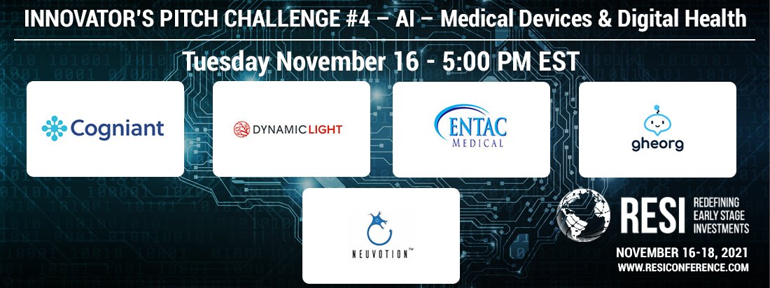 LSciNation's tweet photo. Congratulations to Digital RESI Innovator's Pitch Challenge finalists in the Medical Devices &amp; Digital Health session, taking place at 5 PM EST: @CogniantHealth, Dynamic Light, @entacmedical, gheorg and @neuvotion. https://t.co/hi1eJOTIMY