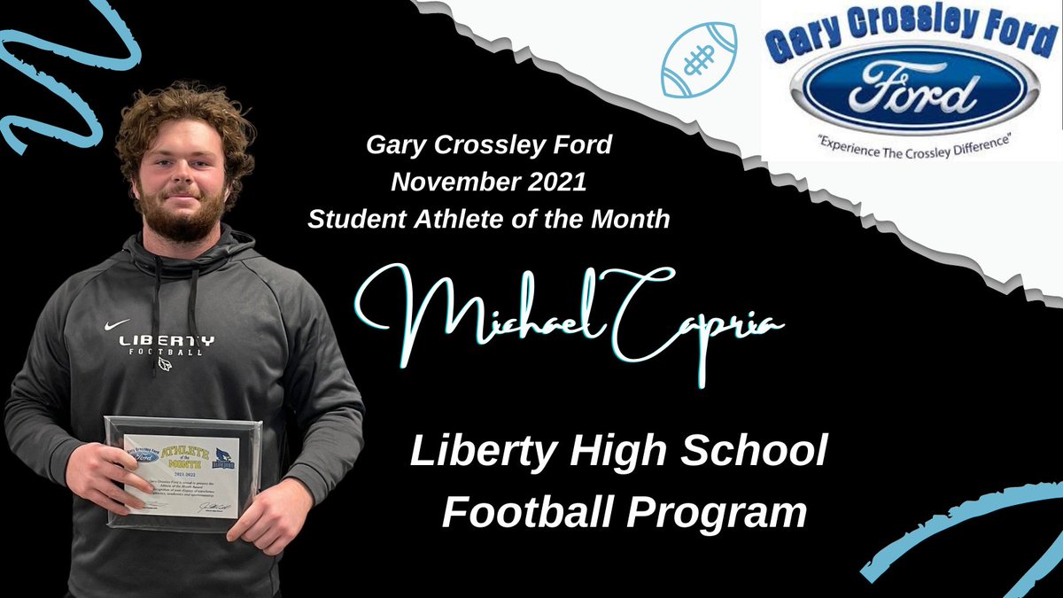 Liberty HS Athletics (@lhsbluejays) on Twitter photo Congratulations to our November <a href="/MyKCFord/">Gary Crossley Ford</a> Male Student Athlete of the Month! Michael Capria with the <a href="/JaysFootball/">Liberty Football</a> Program. Congratulations to our November <a href="/MyKCFord/">Gary Crossley Ford</a> Male Student Athlete of the Month! Michael Capria with the <a href="/JaysFootball/">Liberty Football</a> Program.