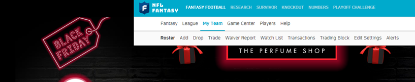 gavinjdobson's tweet photo. @ThePerfumeShop Your advert is soooooo annoying, it breaks the @NFL @NFLFantasy  website by moving the menu so you can't select anything - please fix it! https://t.co/Tw9mXJNXhc