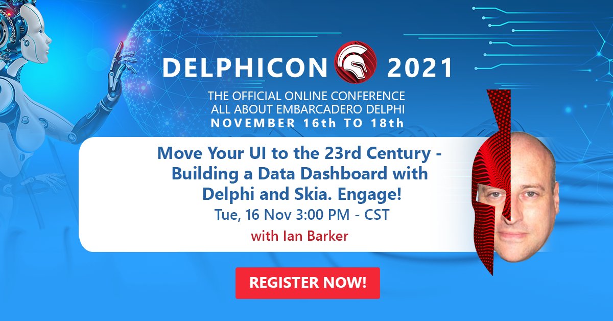 EmbarcaderoTech's tweet image. Live in 15 minutes,  join Ian Barker as he recreates a fully working 23rd-century starship computer dashboard using #Delphi and #Skia! Full speed ahead, warp factor 9, Engage! Join here: embt.co/3q54Sb0 @punctuation #Delphicon2021 #developers #conference #programming