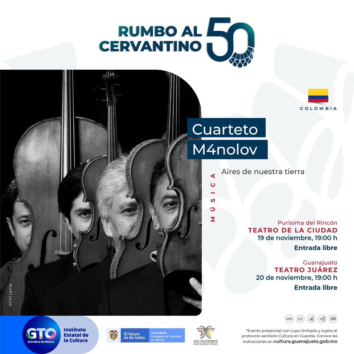 El Cuarteto de Cuerdas M4nolov nos llevará a un paseo por la tradición musical de Colombia. Acompáñanos en su presentación del próximo viernes como parte de #RumboAlCervantino50