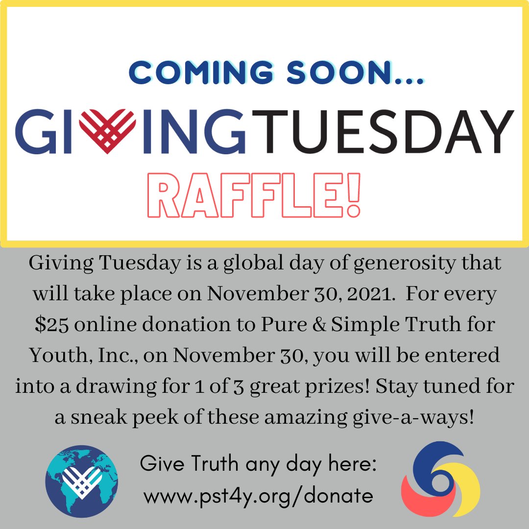 Free TV, Spa Basket, or a Date Night Basket coming soon! For every $25 online donation to Pure &amp; Simple Truth for Youth, Inc., on #GivingTuesday2021 November 30, you will be entered into a drawing for 1 of those 3 great prizes!