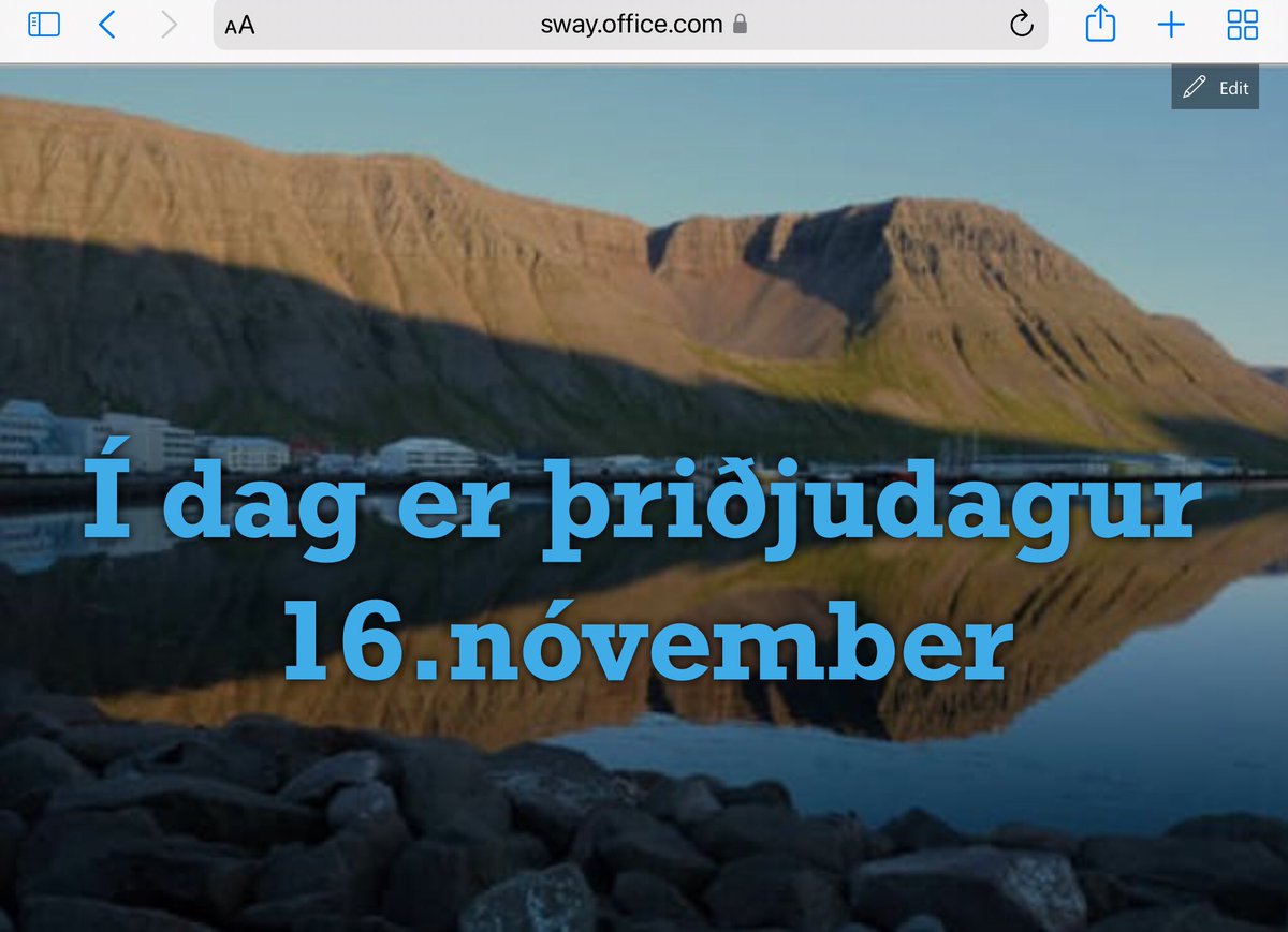 D2 #12dagatwitter Ég er ekki í kennslu, en til þess að koma upplýsingum til starfsmanna á upplýsingaskjá, þá nota ég Sway, sem er online þannig að ég get uppfært skjáinn hvar sem er. #grisafjordur #menntaspjall