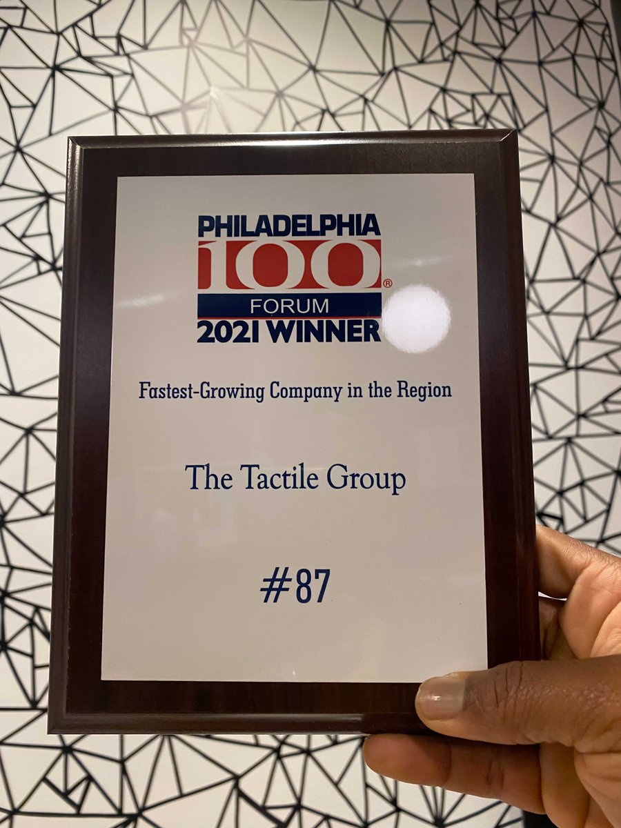 TheTactileGroup's tweet photo. And it's Tactile with the hat trick!
We are honored to again be highlighted by @Phila100 as one of the Region's Fastest Growing Companies for THREE years running! Consistency, baby.
Bring on 2022!
#DesignedToGiveADamn #Philly #Philly100 #hattrick https://t.co/weAXzJ4jqE