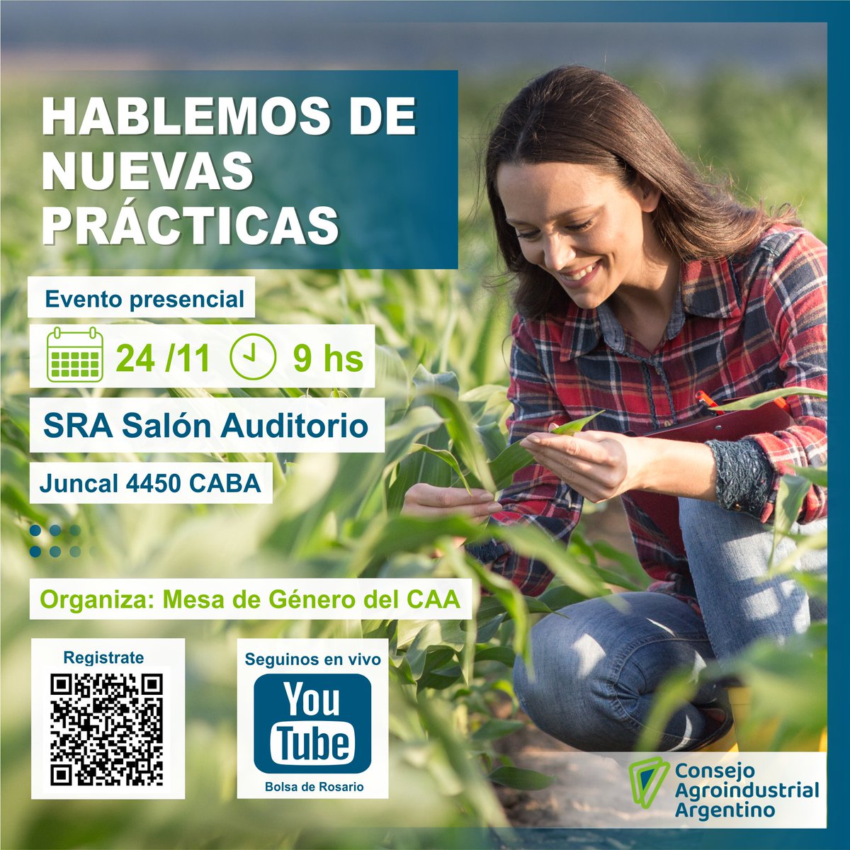 AgroindArg's tweet photo. 📌"Hablemos de Nuevas Prácticas" 
🗓️24 de noviembre
 ⏰9 hs
Evento presencial con previa registración
Salón Auditorio SRA
Juncal 4450 CABA
Registrate acá 👉🏻https://t.co/c7NRp88CXV
o seguinos en vivo 📽️ por YouTube:
https://t.co/Eqf620mcOO
Organiza: Mesa de Género del #CAA https://t.co/tleuXNPUzz