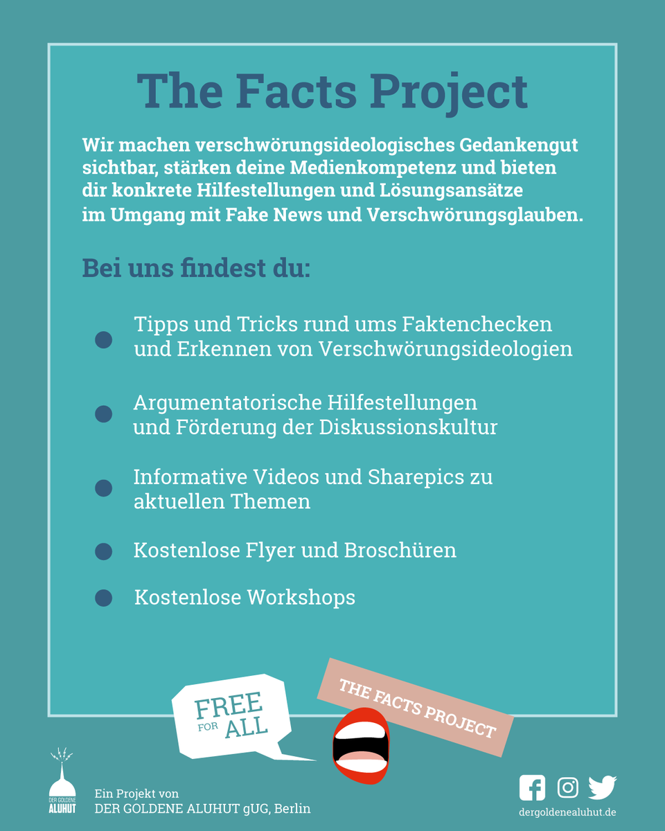FactsProjectDE's tweet photo. Wir sind "The #Facts Project" - das Projekt von 
@GoldenerAluhut ☝
Wir machen verschwörungsideologisches Gedankengut sichtbar, stärken eure #Medienkompetenz und bieten euch konkrete Hilfestellungen und Lösungsansätze im Umgang mit #FakeNews und #Verschwörungsglauben 💪 https://t.co/pVSDDT0Rxo