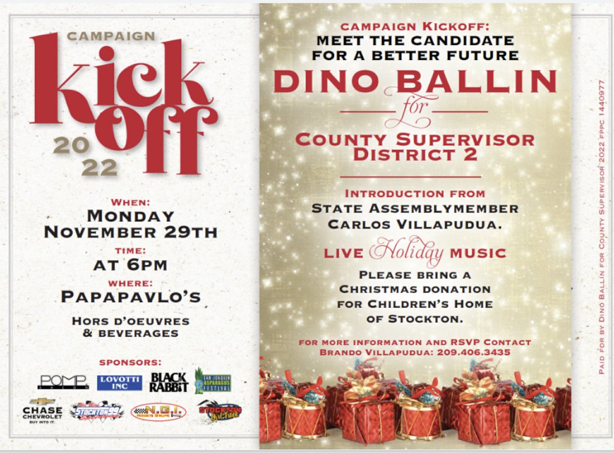 Let’s help make a great change within our County. Come out and support Dino Ballin for County Supervisor District 2! 

Don’t forget to RSVP!