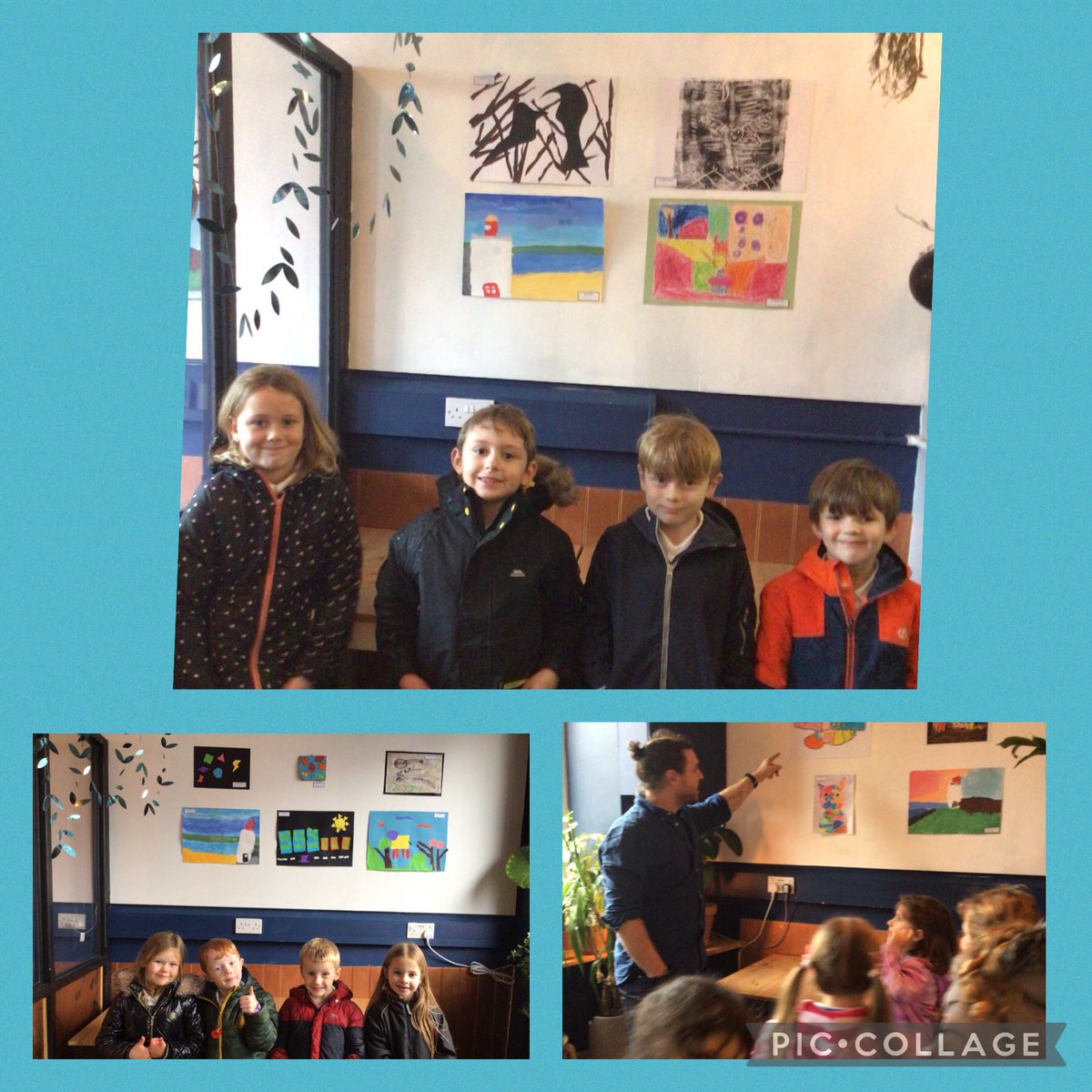 BPortPrimary's tweet photo. Year 2 had a lovely afternoon at Caffi Lolfa for the launch of their art exhibition. Pop in and take a look. A big thank you Caffi Lolfa for displaying our work. #caffilolfa https://t.co/mpW8SmeIF7