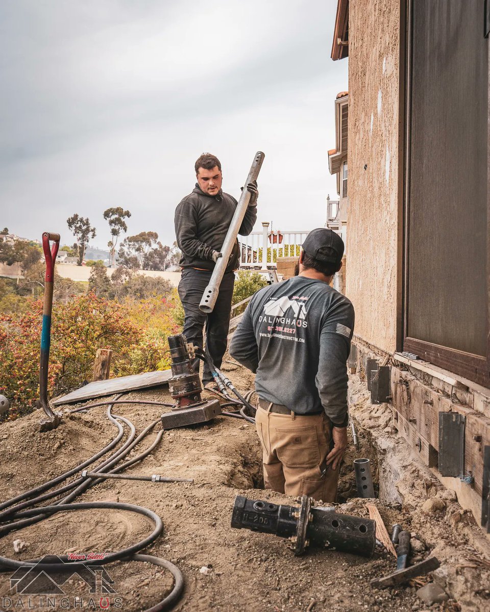 DalinghausConst's tweet photo. Foundation repair can be a dirty job, but our team isn't afraid to get dirty!  Isaac and his crew are out in San Clemente installing helical piles on a hillside home that has settled over 15 inches!!!  

#WeFixFoundations #NeverSettle #FoundationRepair #SanClemente #WeLiftHomes https://t.co/KzqV2jjnbN