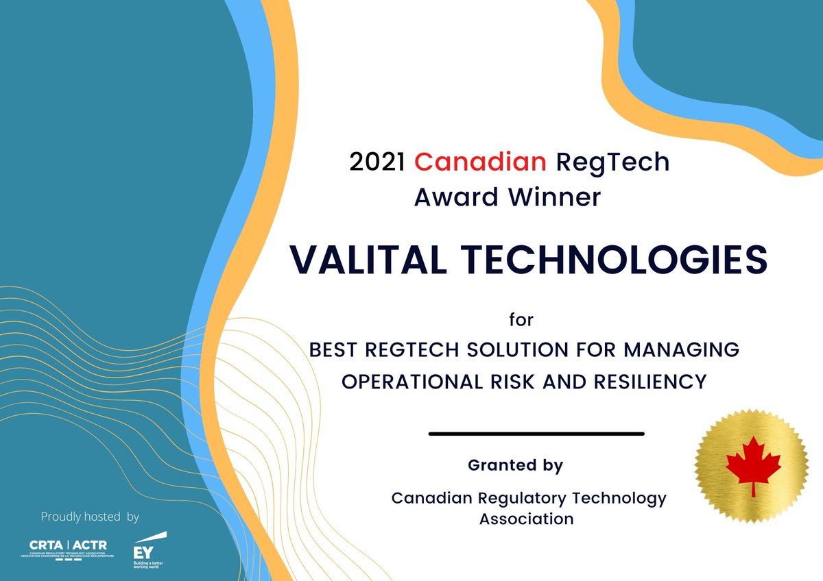 Valitalhq's tweet photo. Merci à @CRTA_ACTR et aux juges qui nous ont décerné un prix pour la meilleure solution de gestion du risque opérationnel et de la résilience. Merci à @EYCanada d’avoir organisé un événement fantastique! Félicitations à tous les gagnants.
#Valital #IA #risque https://t.co/WJAM5d1EOY