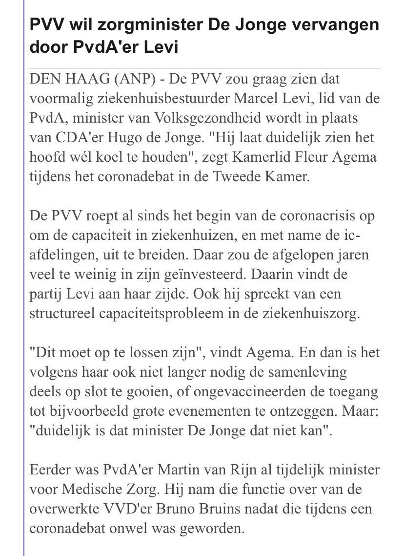 FleurAgemaPVV's tweet photo. Vervang minister ⁦@hugodejonge⁩ door PvdA-er ⁦@MarcelLevi⁩ 

Levi houdt het hoofd wel koel en zal handelen als het gaat om onze ziekenhuiszorg. 

De Jonge probeert de aandacht af te leiden van zijn falen door te zorgen voor tweespalt. https://t.co/Nk1zTfFf8L