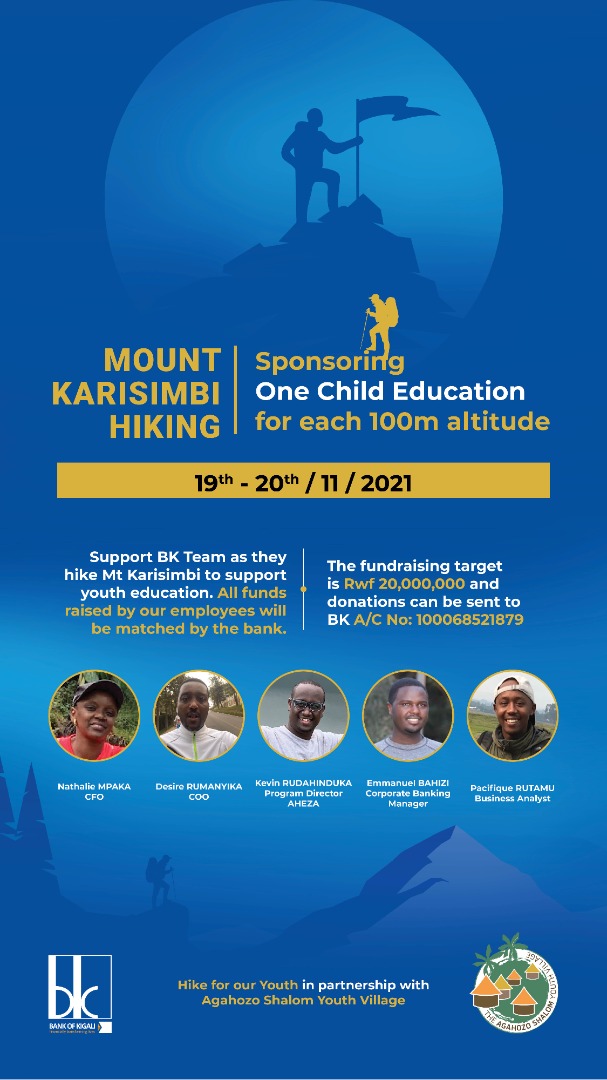 dkarusisi's tweet photo. Our @BankofKigali Team is climbing Mt Karisimbi and raising funds to support Agahozo Shalom Youth Village @asyv and the education of young bright Rwandans from low income families. Will you join us in this noble cause? @RwandaBankers @ceo_imbankrw @Mkipro @LinaShyaka @hbnamara https://t.co/9FP7RkLwp3