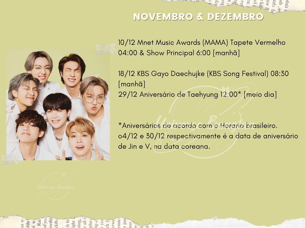 UniversBTS_'s tweet photo. โ ๏ธ Agenda Novembro & Dezembro:
*Todos em Horรกrio Brasรญlia ๐ง๐ท
*Sujeito a alteraรงรตes
๐ฟ @BTS_twt #PTD_ON_STAGE_LA #PCAs2021 #BTSatMAMA https://t.co/9nhzBv7Jrp