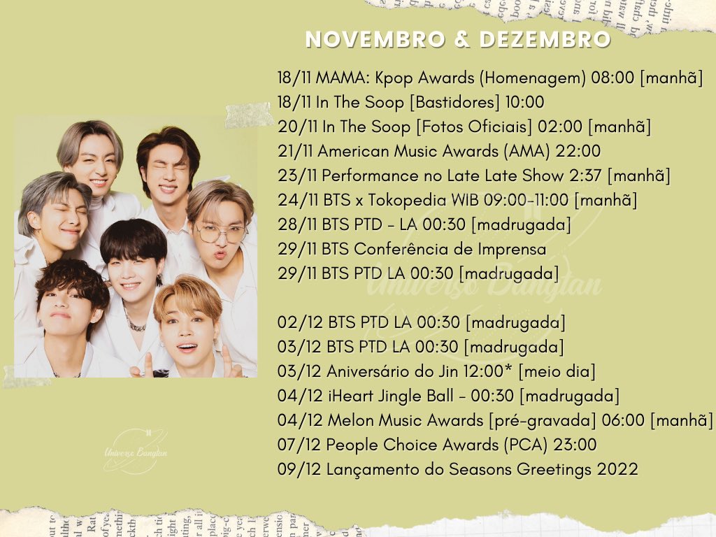 UniversBTS_'s tweet photo. โ ๏ธ Agenda Novembro & Dezembro:
*Todos em Horรกrio Brasรญlia ๐ง๐ท
*Sujeito a alteraรงรตes
๐ฟ @BTS_twt #PTD_ON_STAGE_LA #PCAs2021 #BTSatMAMA https://t.co/9nhzBv7Jrp