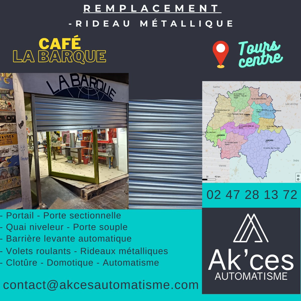 Akces37's tweet photo. 🛠 Remplacement d'un rideau métallique dans un café à #tours #centre #indreetloire ⚒  

La Barque - To The Future - Café Associatif   ☕

📞N'hésitez pas à nous contacter📞 - 02 47 28 13 72

L'équipe d'Akces Automatisme 👍
#centrevaldeloire #entreprise #pro #professionnelles https://t.co/5DlG0gcYBA