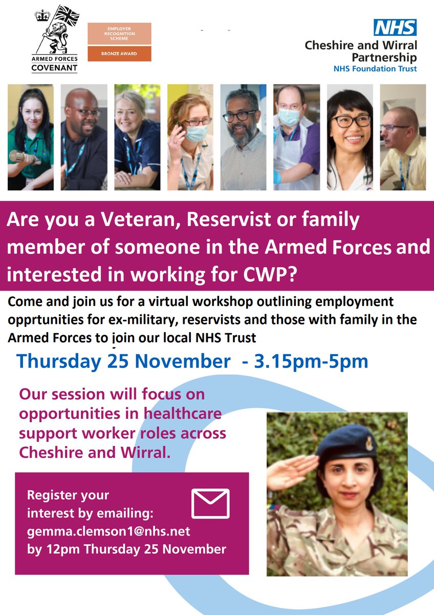 Cheshire &amp; Wirral Partnership NHS Foundation Trust are inviting you to join us on Thursday 25th November at 3.15pm on our Virtual Session - aimed at Veterans, Reservists and families of those in the Armed Forces - <a href="/cwpnhs/">Cheshire and Wirral Partnership NHS FT</a> 
Email to register your interest: gemma.clemson1@nhs.net