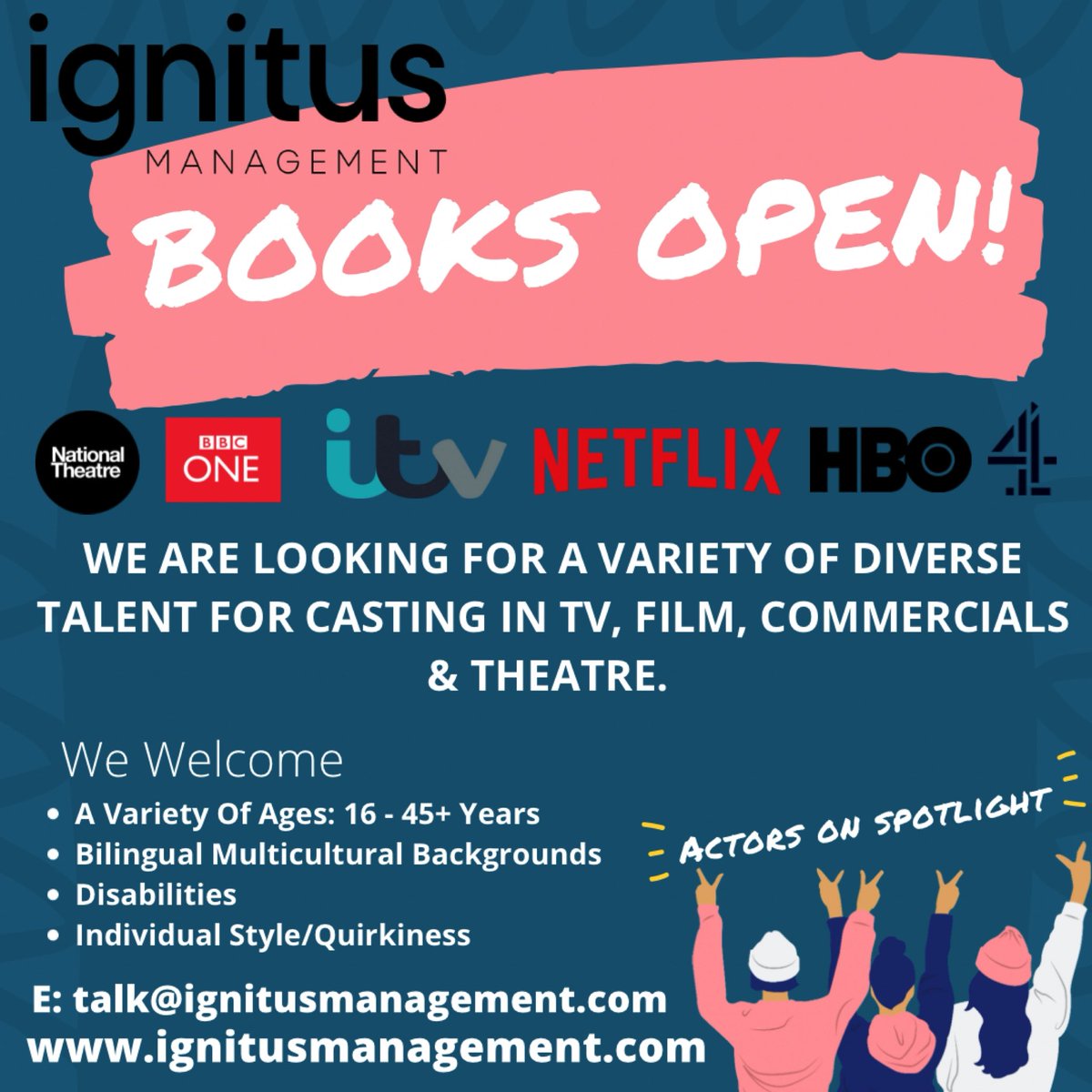 SHARE ✨
We are looking for a variety of diverse talent for casting in TV, FILM COMMERCIALS and THEATRE! 

Interested? Send cover letter & Spotlight link. 

talk@ignitusmanagement.com

#booksopen #talentagency #diversity #actorswanted #professionalwork #actors