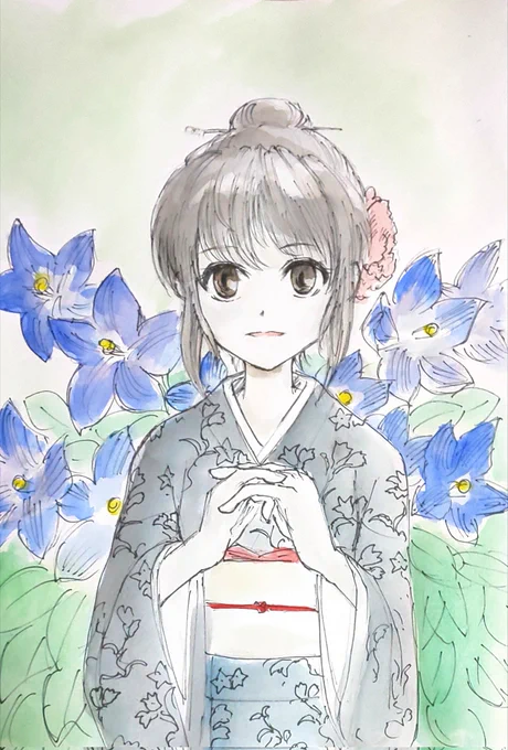 唐突ですが、竜胆が描きたくなったので水彩で落書き  #和清の雑画帳