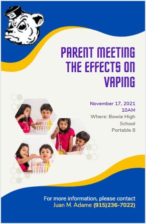 csbowieepisd's tweet photo. Please join Bowie High School for a parent meeting about this Wednesday about the dangers of vaping this Wednesday at 10am- (portable 8 Family Resource Center). https://t.co/SroezbWv3B