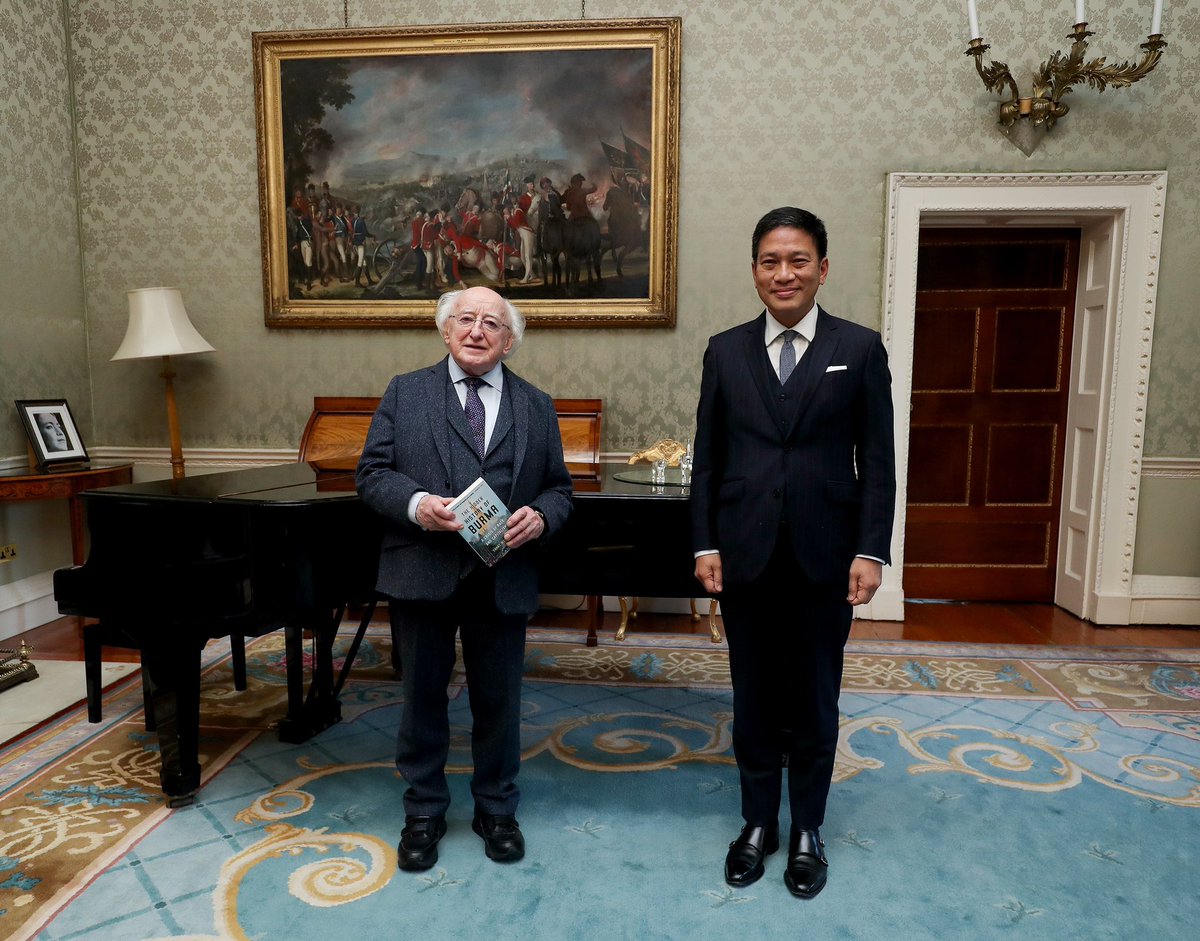 PresidentIRL's tweet photo. Today President Higgins received @thantmyintu, historian and visiting fellow at the University of Cambridge, on a courtesy call at Áras an Uachtaráin where he presented the President with a copy of his book ‘The Hidden History of Burma’. 

https://t.co/zOoF2nicwd https://t.co/OySSyfx3Ji