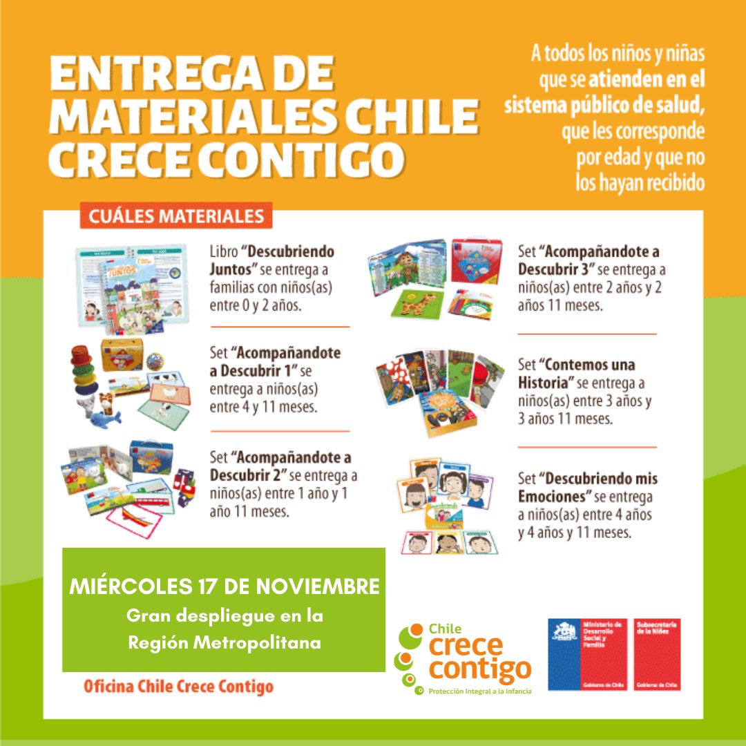 GRAN DESPLIEGUE EN LA #RMdeTodos
👉🏻Mañana se realizará el tercer operativo de entrega de #MaterialesDeEstimulación de <a href="/CreceContigo/">Crece Contigo Podcast</a> en toda la RM. 
Revisa aquí dónde retirar en tu comuna y el horario 👉crececontigo.gob.cl/materialesmasc… 
Más información 👉🏻 crececontigo.gob.cl