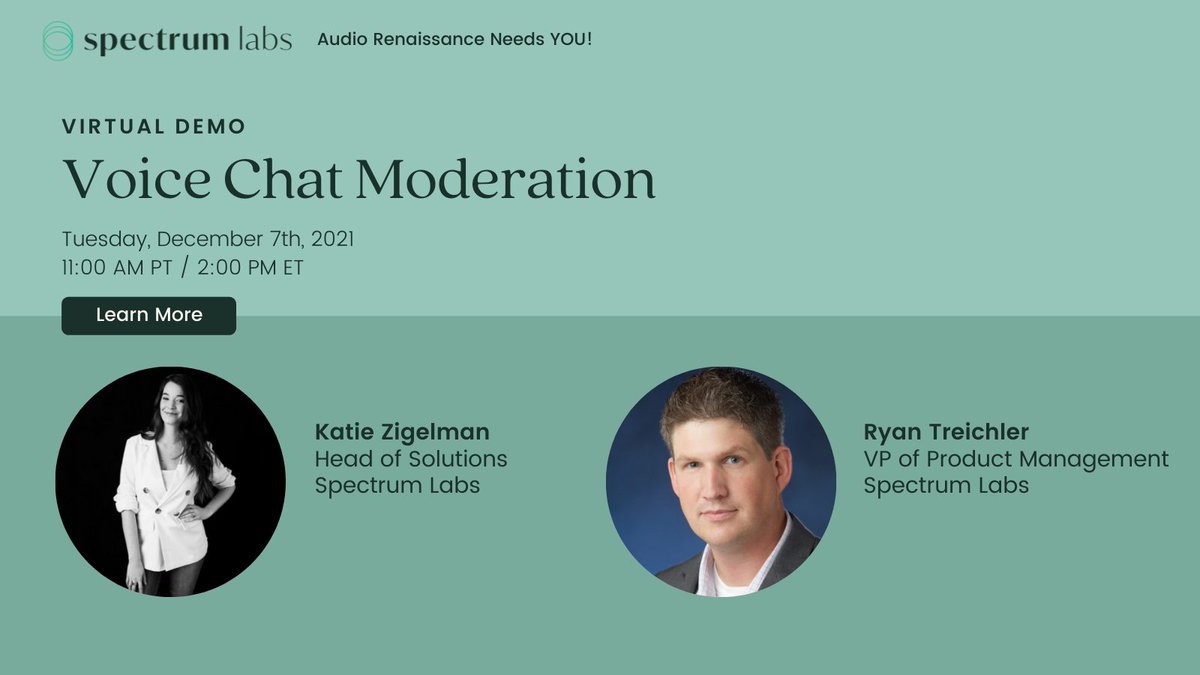 SpectrumLabsAI's tweet photo. Spectrum Labs is hosting a #virtualdemo on Zoom webinar, December 7th to highlight the many benefits of using our #voice chat #moderation solution and to show you how it works!

#Register for the #demo: https://t.co/jfsLAZJ7DP https://t.co/Rm7CBe0qsJ