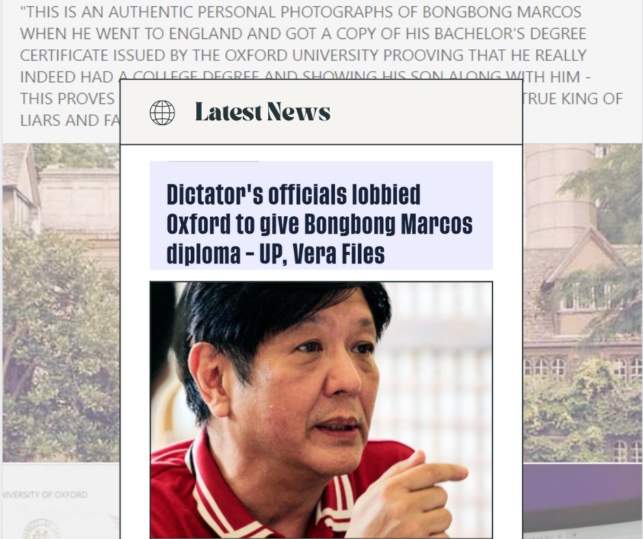 __AngelaC__'s tweet photo. Bongbong Marcos, a graduate of Oxford University?

Recently, there has been news about Bongbong Marcos having a diploma from a prestigious school Oxford University leading to a misinformation about his academic qualifications. (1/3)
#MILOnlineVerification #KircherA #XUMIL2021 https://t.co/3XDvAq3GeA