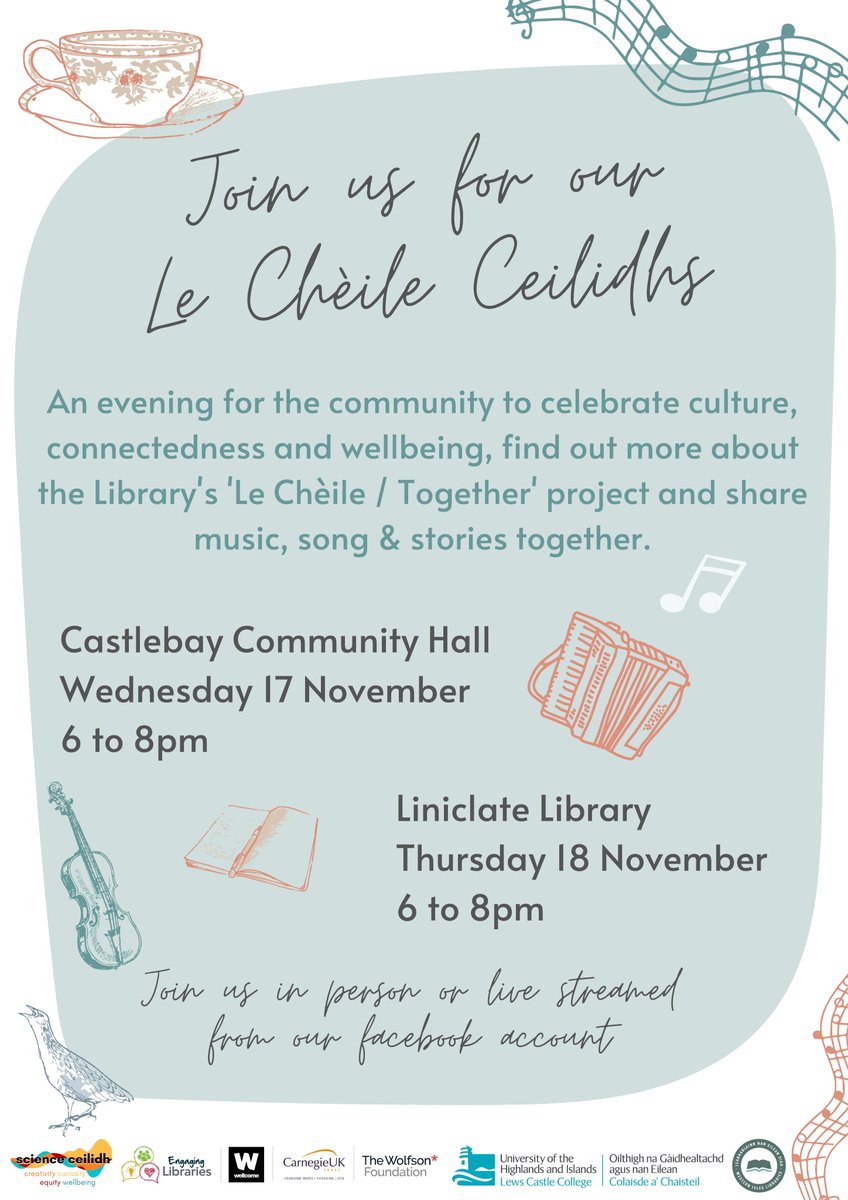 🎻📚 Excited to join <a href="/WILibraries/">EileanSiar Libraries</a> &amp; local musicians for a series of cèilidhs with #LeChèileTogether exploring culture, connectivity &amp; wellbeing this week! 

Join our wee hybrid events on <a href="/BarraIsland/">𝙄𝙨𝙡𝙚 𝙤𝙛 𝘽𝙖𝙧𝙧𝙖 🏴󠁧󠁢󠁳󠁣󠁴󠁿</a> &amp; Benbecula!

Moreℹ️ on #EngagingLibs project &amp; podcast:
lecheiletogether.wordpress.com