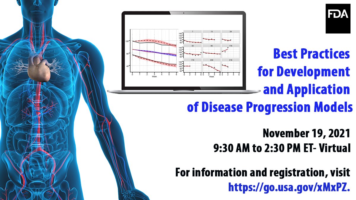 Join FDA’s CDER and CBER on Nov 19 from 9:30 AM – 2:30 PM EST for a virtual public workshop on Best Practices for Development and Application of Disease Progression Models. 

Learn more and register: go.usa.gov/xe827