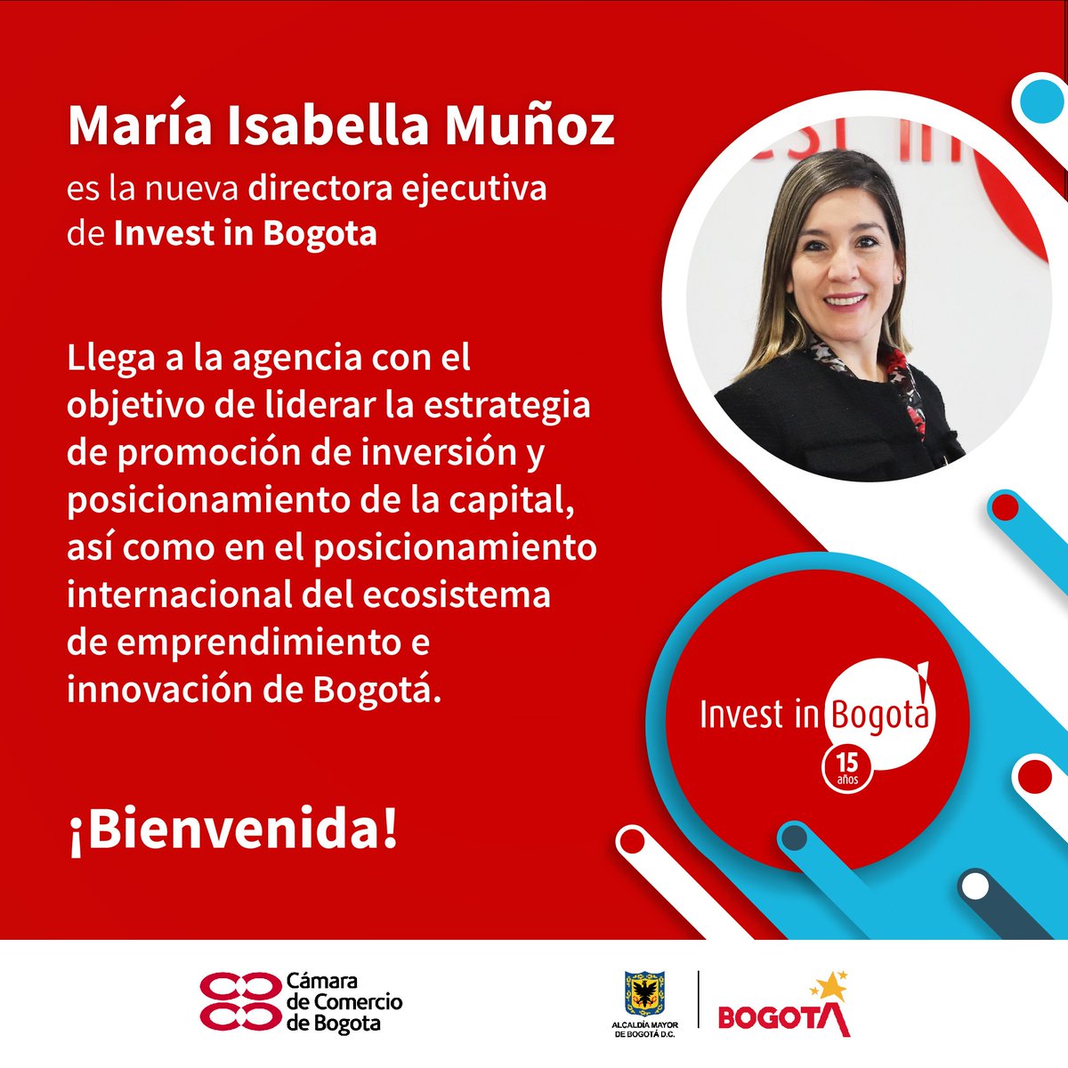NicolasUribe's tweet photo. Ha sido nombrada como nueva directora de @investinbogota la Dra. Isabella Muñoz @IsaMunozM luego de un proceso riguroso y transparente de selección. Desde la @camaracomerbog no tenemos duda de su capacidad para liderar en un momento en el que Bogotá necesita atraer inversión. https://t.co/zZeTKRoUaT